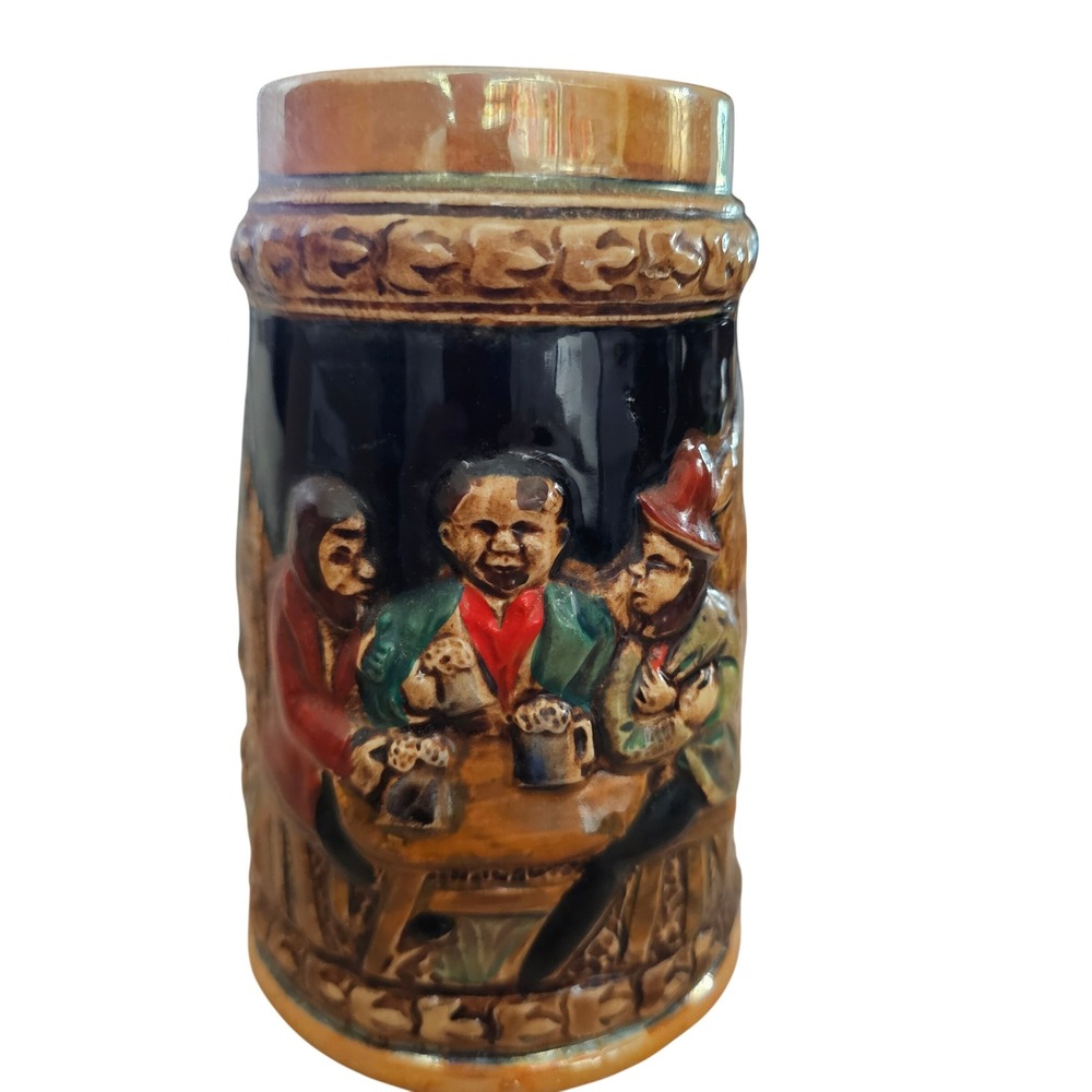 Vintage Ceramic Beer Stein Japan Tavern Scene Relief Alpine Mountain‎ Mug Brown